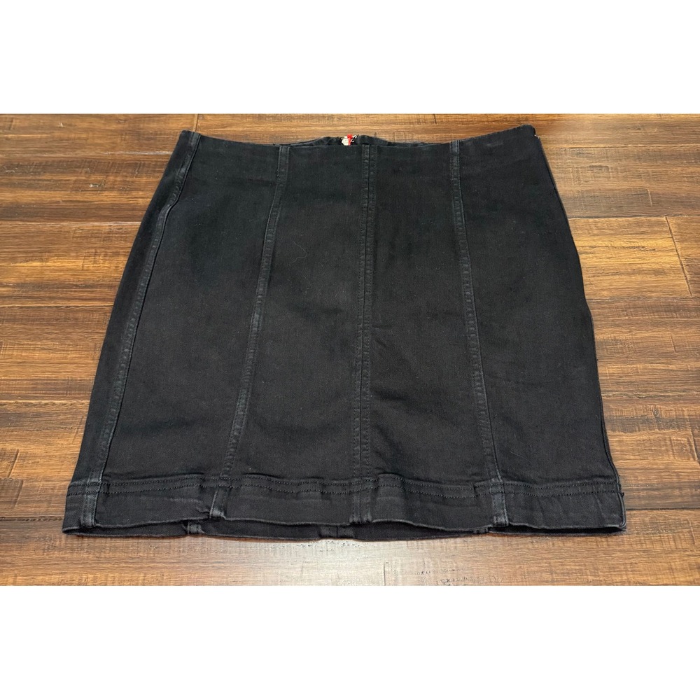 Free People Black Denim Mini Skirt High Waisted Exposed Back Zip Panel Size 10